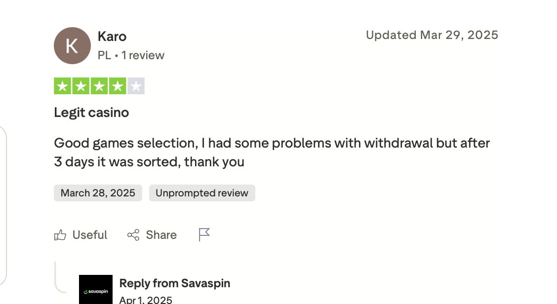 SAVASPIN Casino Trustpilot Bewertung Polen Auszahlungsproblem drei Tage gelöst